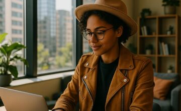 Digital nomad working in modern coworking space with cityscape view