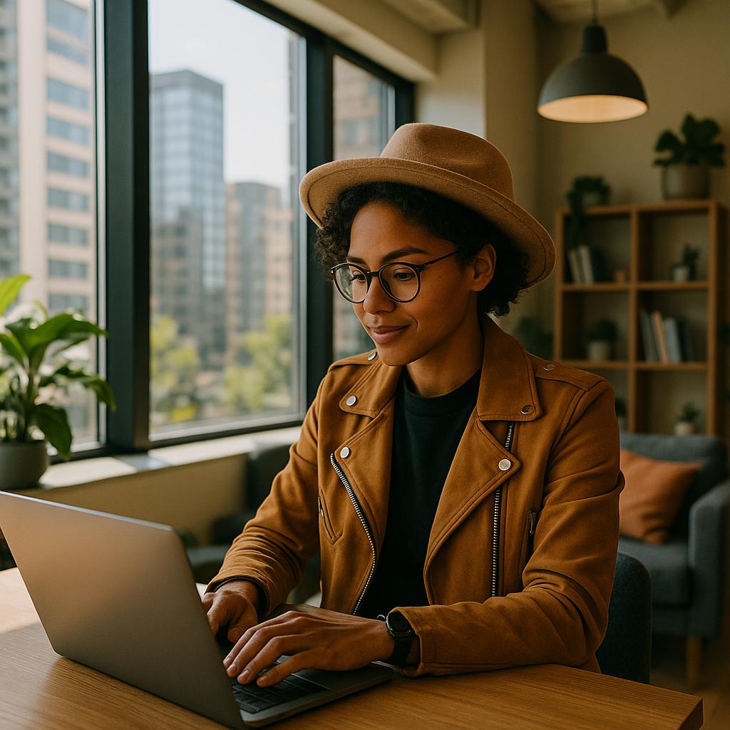 Digital nomad working in modern coworking space with cityscape view