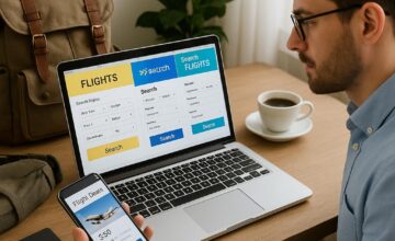 Traveler comparing flight booking options on laptop and mobile