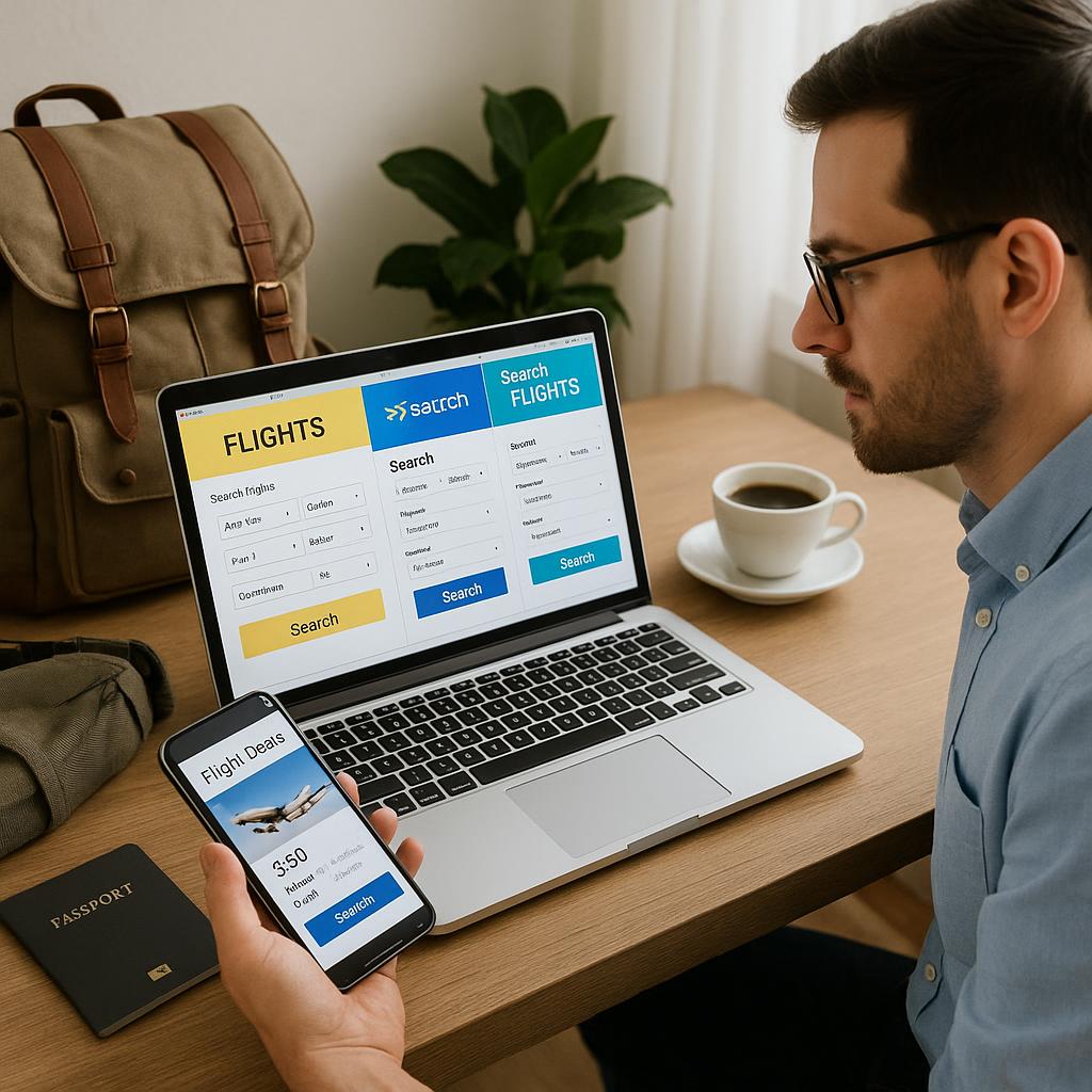 Traveler comparing flight booking options on laptop and mobile