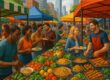 Vibrant urban food market with diverse stalls and shoppers