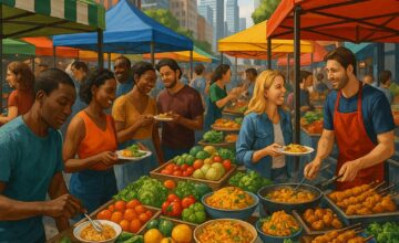 Vibrant urban food market with diverse stalls and shoppers