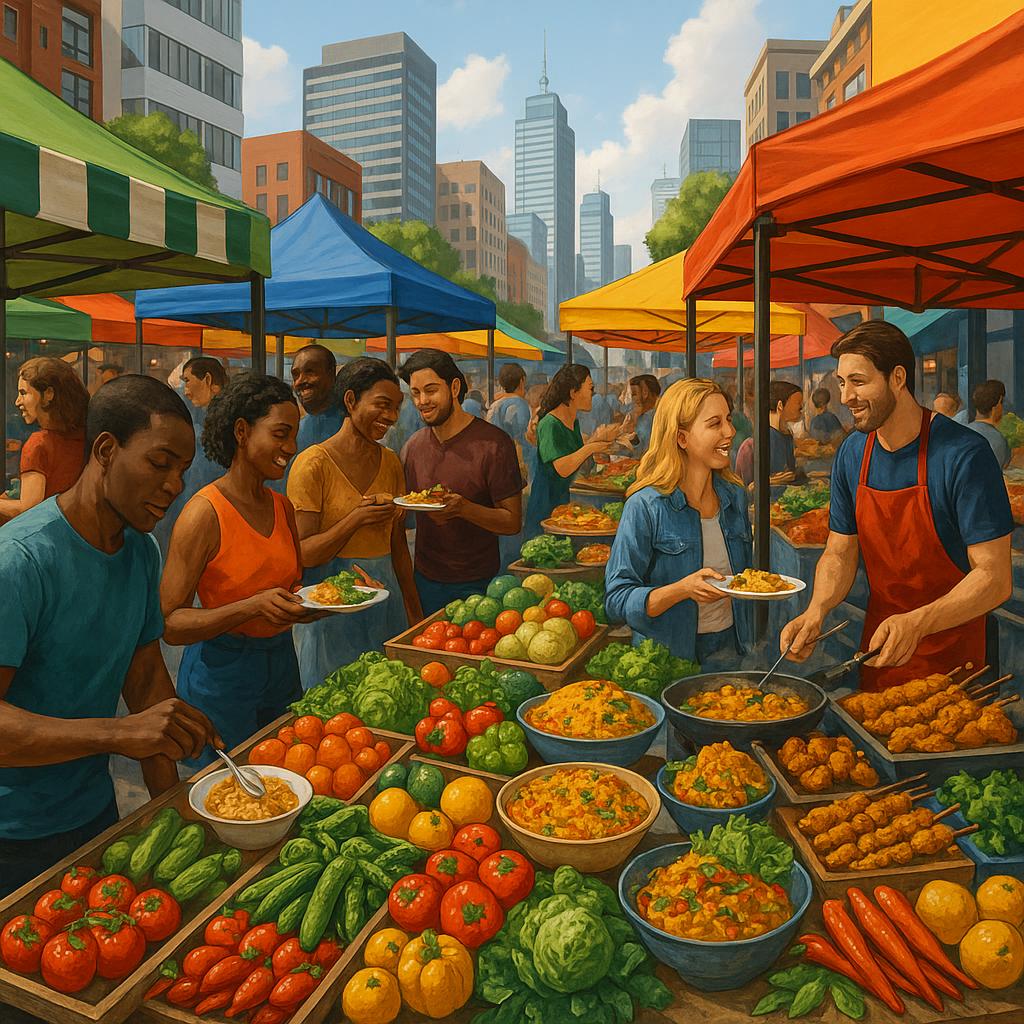 Vibrant urban food market with diverse stalls and shoppers