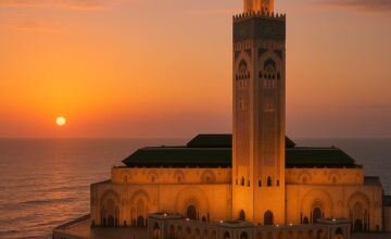 Stunning Hassan II Mosque overlooking the Atlantic Ocean at sunset in Casablanca.