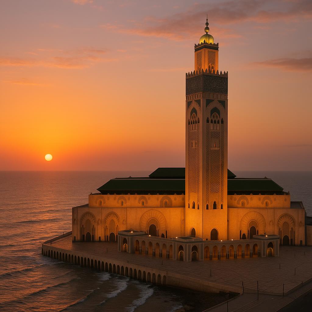 Stunning Hassan II Mosque overlooking the Atlantic Ocean at sunset in Casablanca.