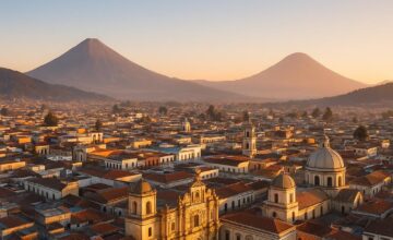 Panoramic view of Quetzaltenango and nearby volcanoes at sunrise