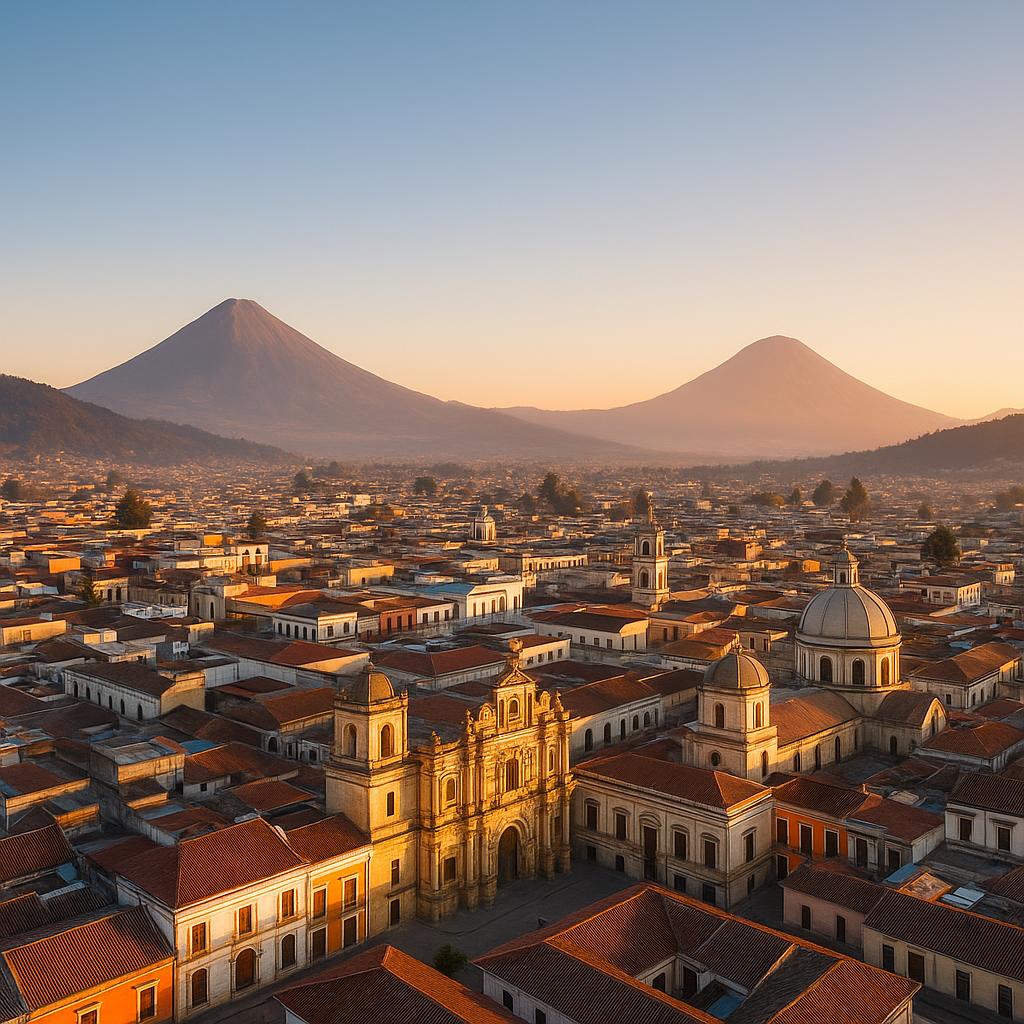 Panoramic view of Quetzaltenango and nearby volcanoes at sunrise