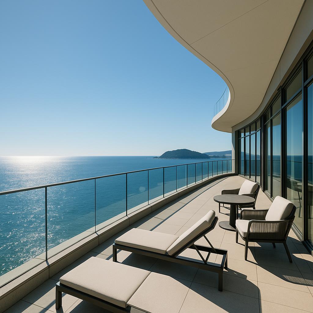 Ocean view from a luxury hotel room in Busan overlooking the sea and a bridge