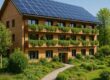 Eco-friendly hotel rooftop solar panels and greenery