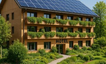 Eco-friendly hotel rooftop solar panels and greenery