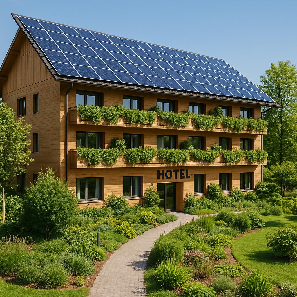 Are Eco-Hotels Actually Sustainable or Just Marketing? A Clear-eyed Analysis 2 Eco-friendly hotel rooftop solar panels and greenery
