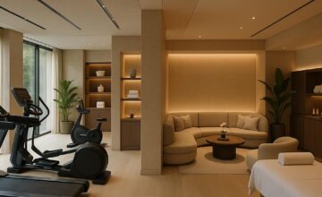 Interior of a luxurious private wellness club with gym, spa, and relaxation areas