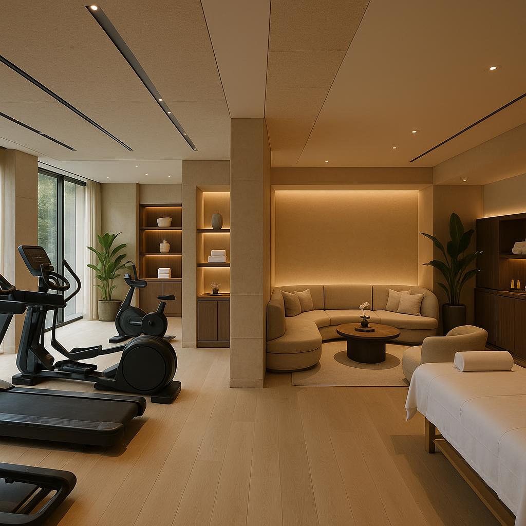 Are Private Wellness Clubs Open to Travellers and How Do They Work? 2 Interior of a luxurious private wellness club with gym, spa, and relaxation areas