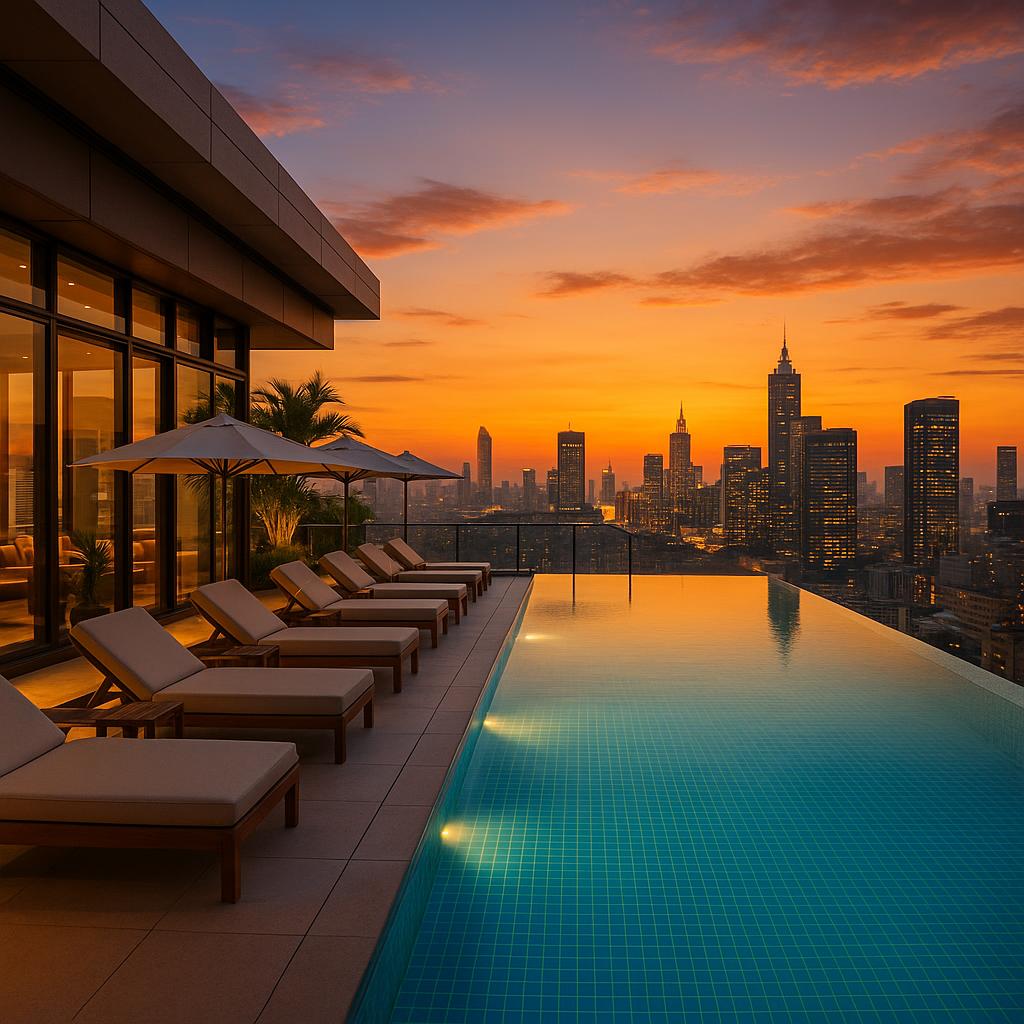 Rooftop pool with city skyline at sunset