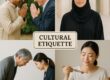 Examples of cultural etiquette including greetings, traditional dress, and dining customs from various countries