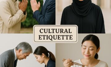 Examples of cultural etiquette including greetings, traditional dress, and dining customs from various countries