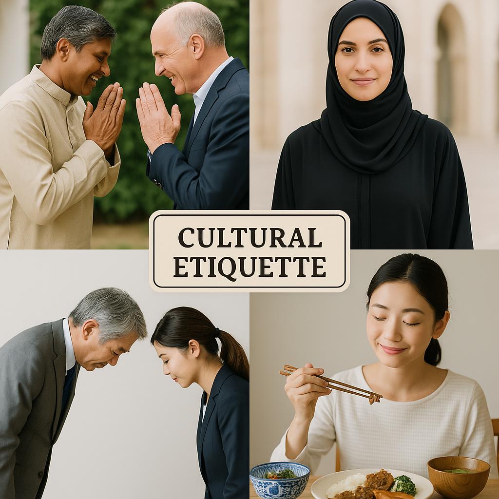 Examples of cultural etiquette including greetings, traditional dress, and dining customs from various countries