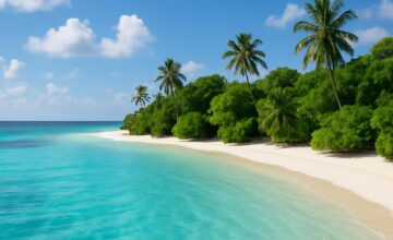 Remote tropical island with turquoise waters and white beach