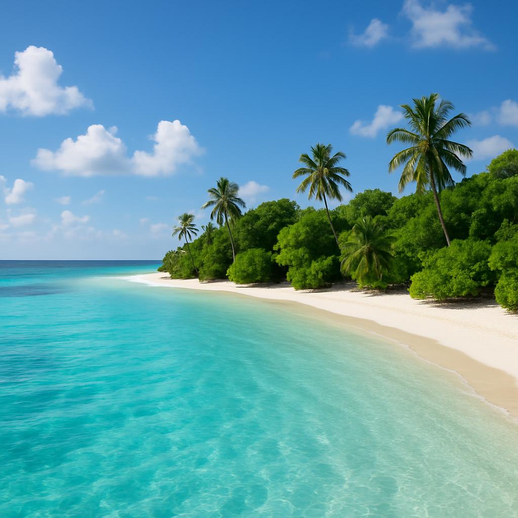 Remote tropical island with turquoise waters and white beach