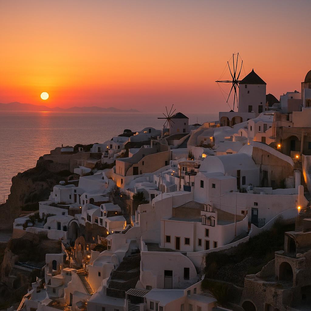 Santorini island with whitewashed buildings overlooking the sea at sunset