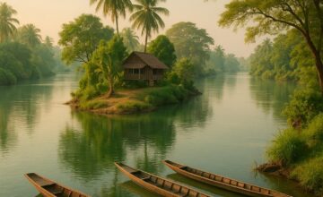 Peaceful island on the Mekong River at Si Phan Don, Laos