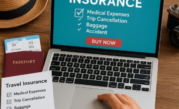Person choosing travel insurance online with checklist