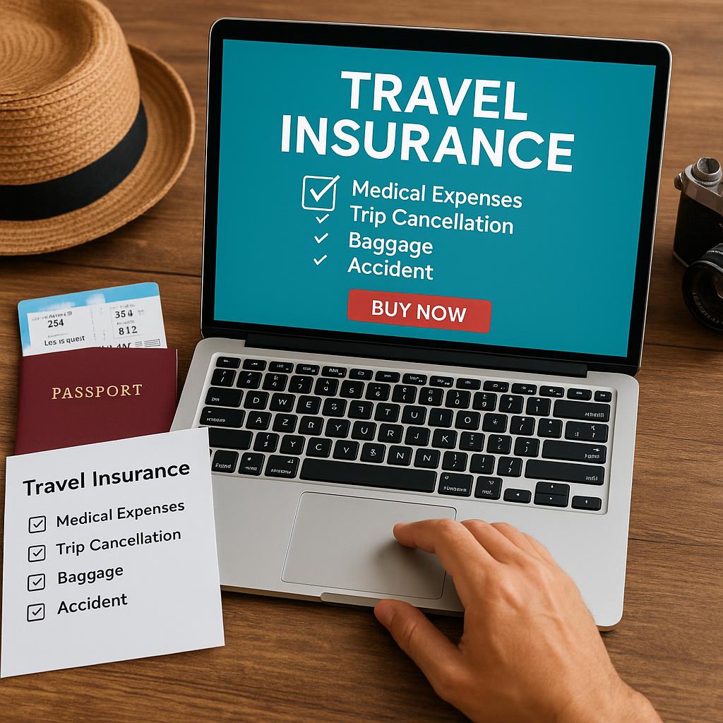 Person choosing travel insurance online with checklist