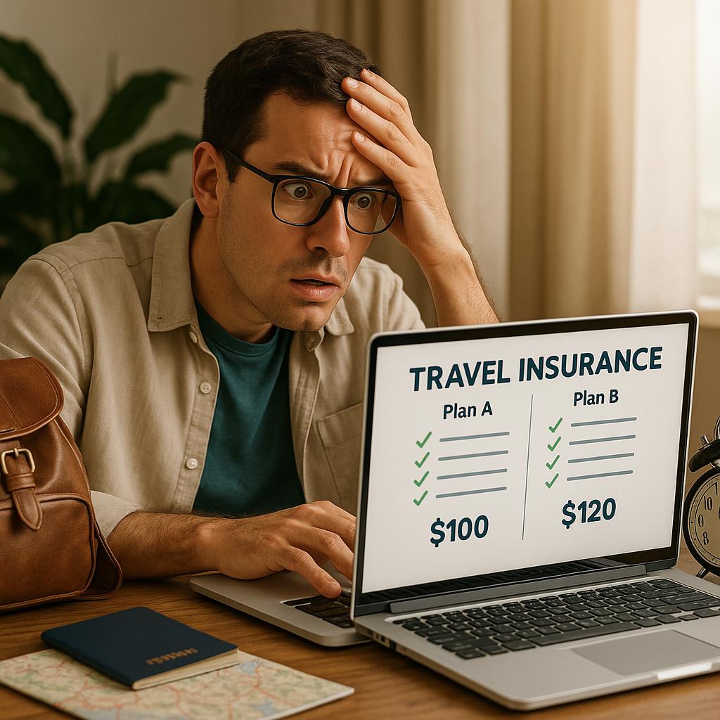 How to Choose Travel Insurance When You Have Only 4 Hours 2 Person reviewing travel insurance plans on a laptop with a clock showing limited time