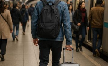 Traveler with wheeled carry-on on crowded city public transport