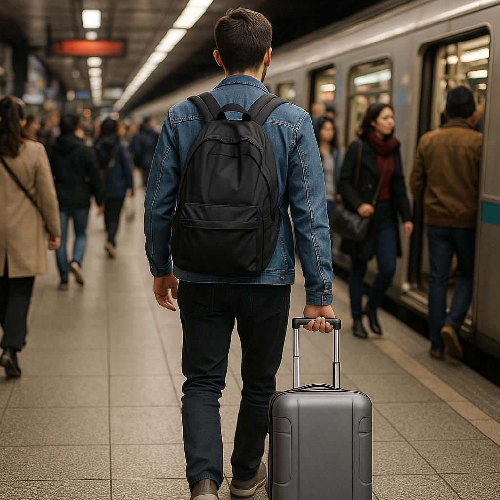 Traveler with wheeled carry-on on crowded city public transport
