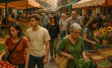 Local street market vibrant with locals shopping, avoiding tourist crowds