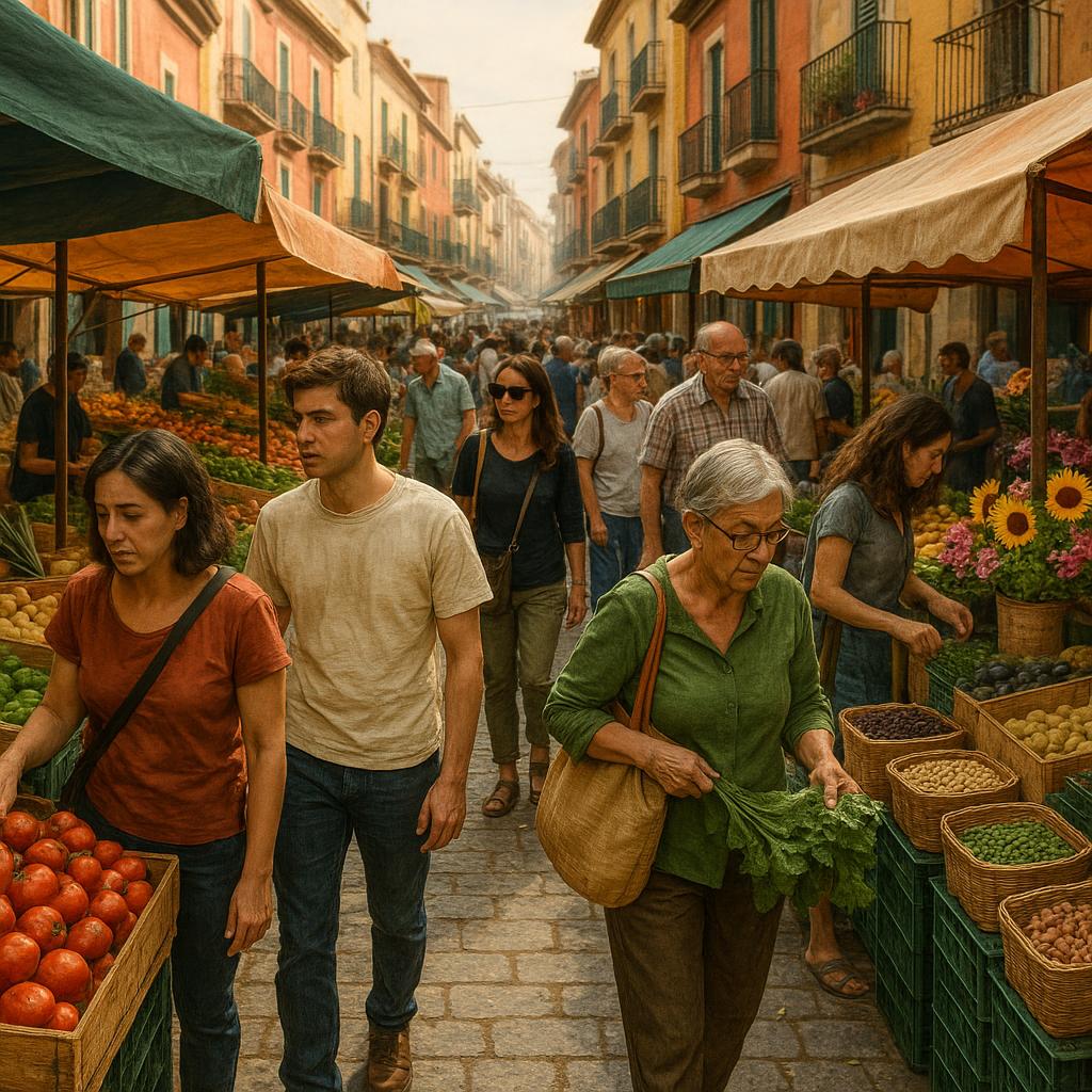Local street market vibrant with locals shopping, avoiding tourist crowds