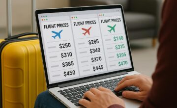 Person comparing flight prices on laptop