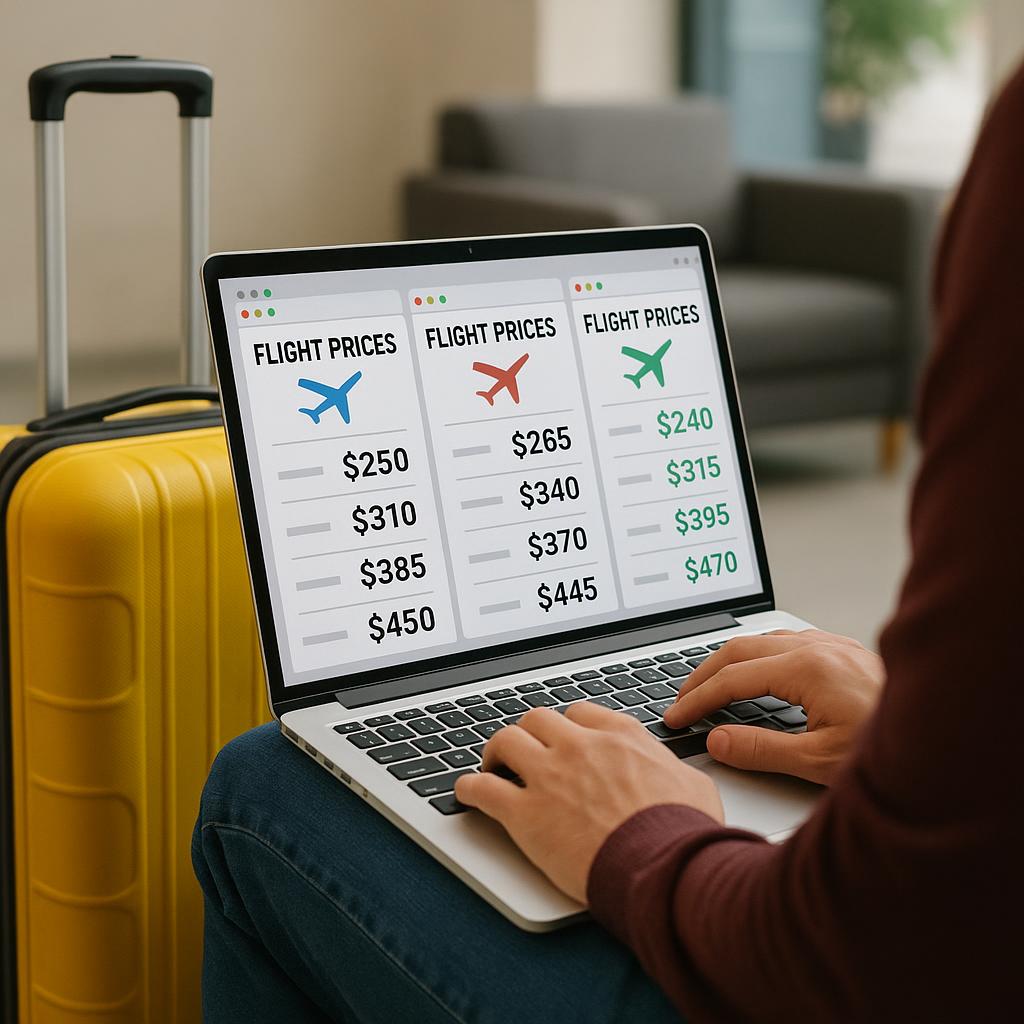 Person comparing flight prices on laptop