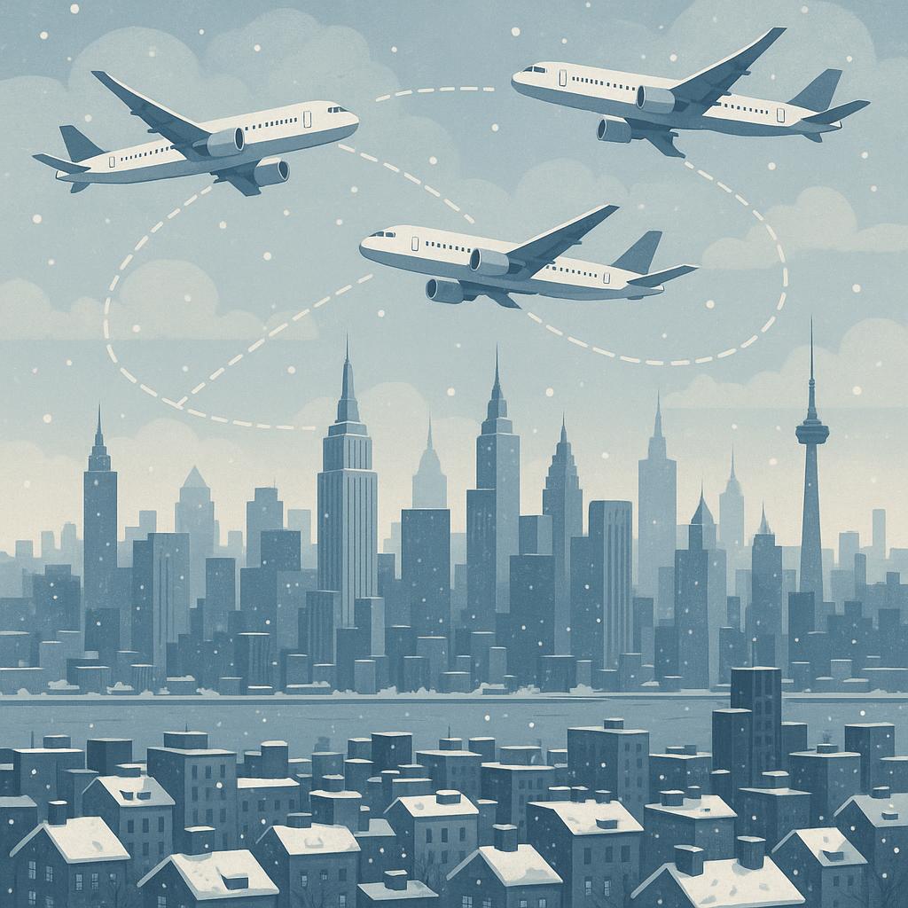 Airplanes flying between winter city destinations