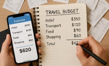 Traveler tracking expenses with app and receipts