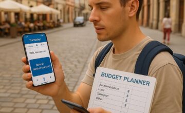 Traveler managing budget with translation app