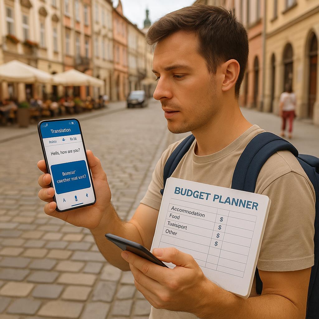 How Do You Budget for a Trip Without Speaking the Language? 2 Traveler managing budget with translation app
