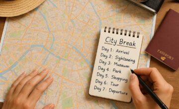 Person planning a 7-day city break with map and notebook