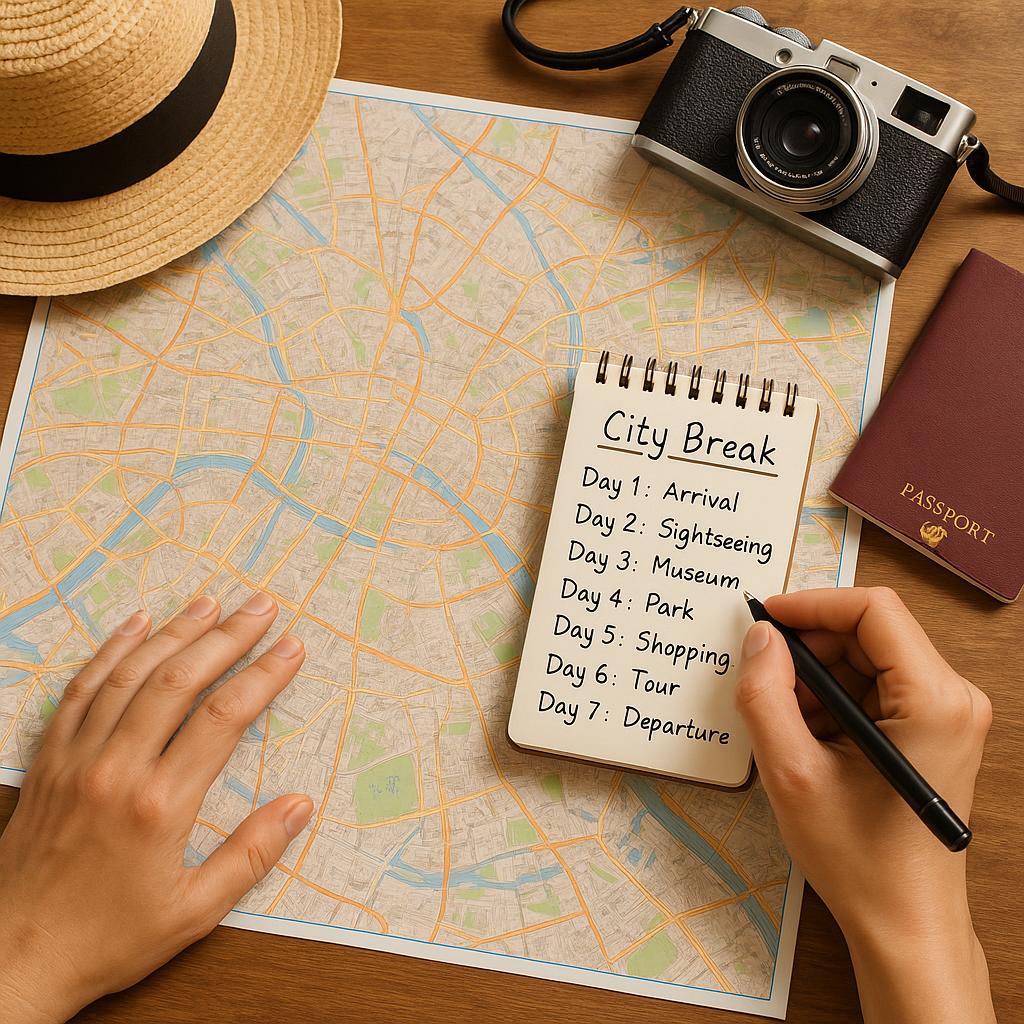 Person planning a 7-day city break with map and notebook