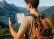 Traveler looking at checklist and weather with backpack outdoors