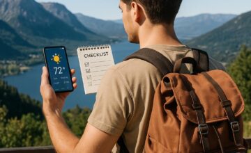 Traveler looking at checklist and weather with backpack outdoors