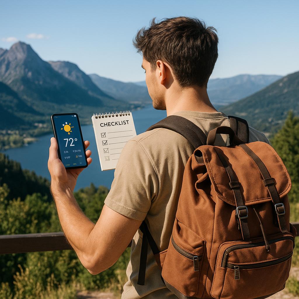 Traveler looking at checklist and weather with backpack outdoors