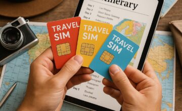 Traveler comparing travel SIM cards while planning itinerary