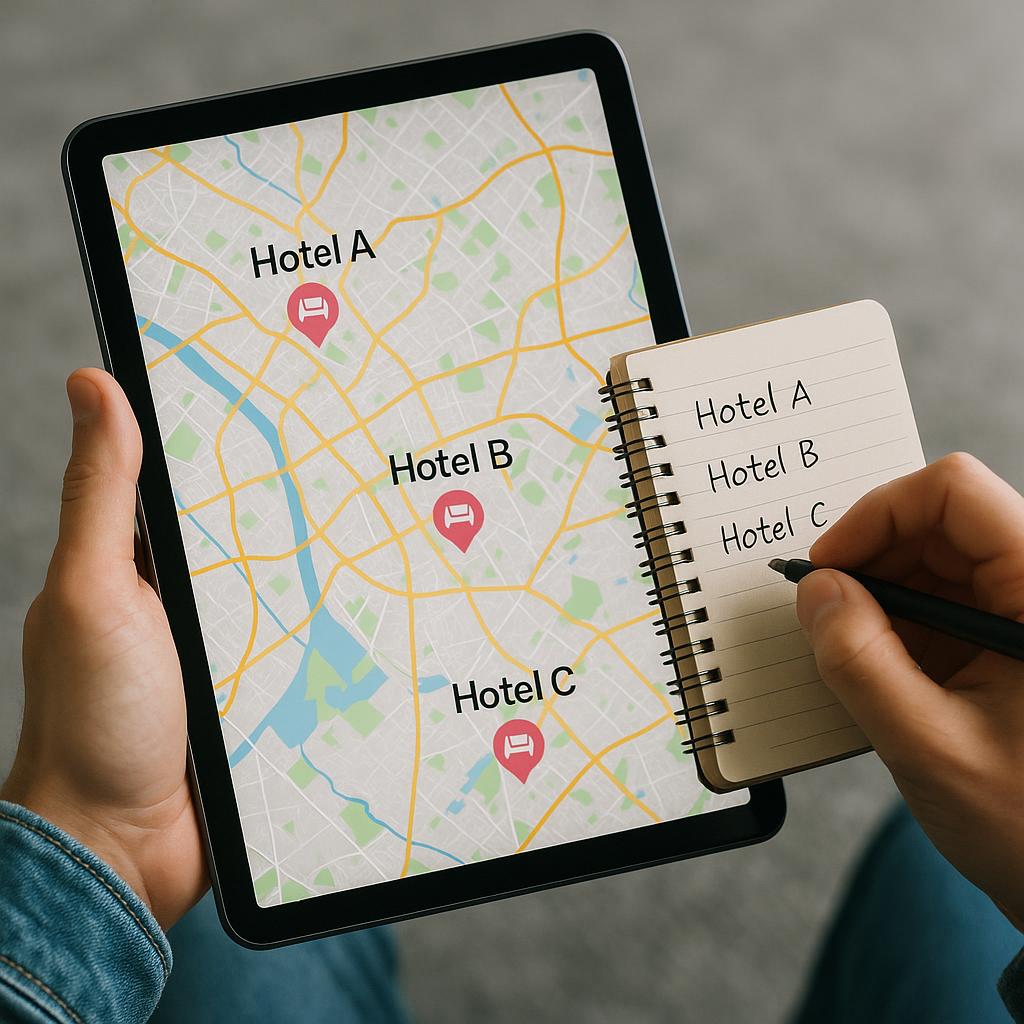 Person analyzing hotel locations on a map to save money
