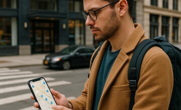 Person checking public transit near hotel on smartphone