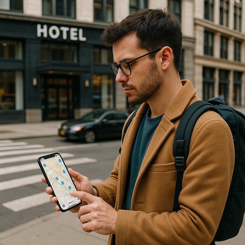 Person checking public transit near hotel on smartphone
