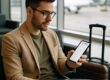 Traveler using smartphone to check digital itinerary at airport