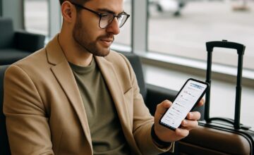 Traveler using smartphone to check digital itinerary at airport