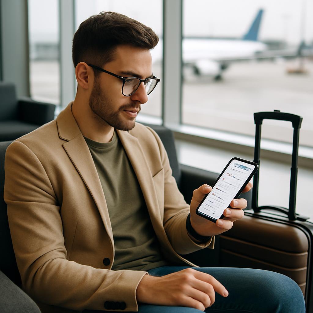 Traveler using smartphone to check digital itinerary at airport